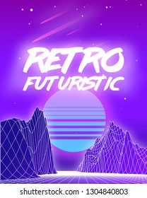 Space landscape in a retro futuristic style. Light grid surface against purple sky with stars and comets. Beautiful wallpaper with neon lights. Synthwave and retrowave stylization.