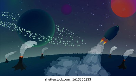 Space landscape with a rocket flying away from the planet with volcanoes. Asteroid belt around the planet. Beautiful smoke from rockets and volcanoes. Starry sky. Space flight. Vector illustration.