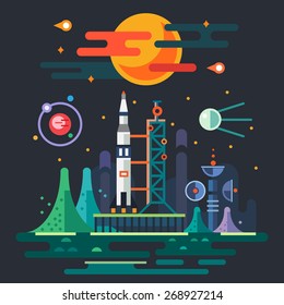 Space landscape, rocket launch on the background of a sunset. The sun, planets, stars, comets, moon, clouds, mountains, space station, satellite. Vector flat illustrations