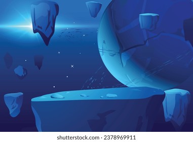 Space landscape, rocks, stones and planet, flat cartoon style. Cosmic mysterious scene for game and ui design. Extraterrestrial game background, vector illustration with dark starry sky.