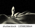 Space landscape with scenic view on planet, rocket and stars made with retro styled dotwork