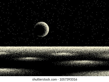 Space landscape with scenic view on planet and stars made with retro styled dotwork