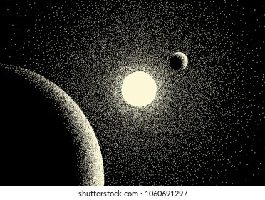 Space landscape with scenic view on planet and stars made with retro styled dotwork