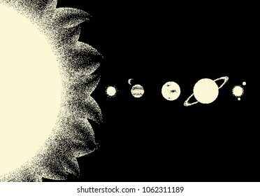 Space landscape with scenic view on parade of planets made with retro styled dotwork