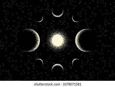 Space landscape with scenic view on planet and stars made with retro styled dotwork