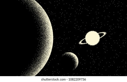 Space landscape with scenic view on planet and stars made with retro styled dotwork