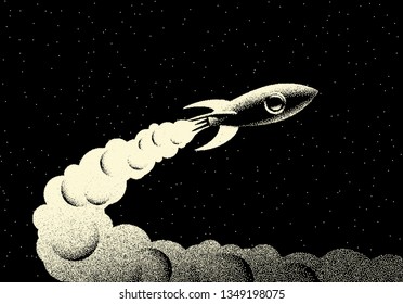 Space landscape with scenic view on rocket taking off with fire and smoke and stars made with retro styled dotwork