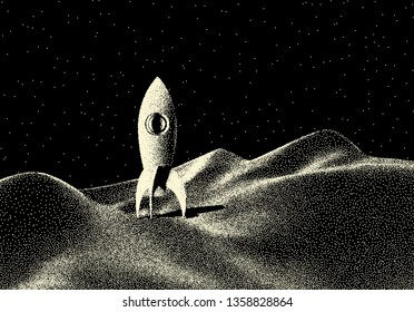 Space landscape with scenic view on planet, rocket and stars made with retro styled dotwork