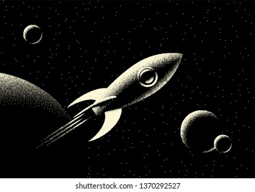 Space landscape with scenic view on planet, rocket and stars made with retro styled dotwork