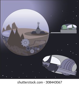 Space landscape with the ship and the station on a small planet