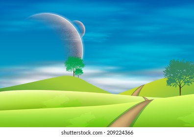 Space landscape with silhouettes and planets (EPS10 Vector)