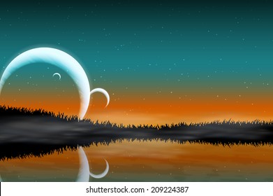 Space landscape with silhouettes and planets (EPS10 Vector)