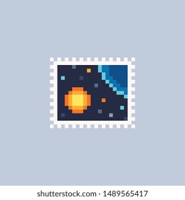 Space landscape, star and planet, poster, picture, vintage postmark template pixel art icon. Design for logo, sticker and mobile app. Сartoon flat style. Isolated vector illustration. 