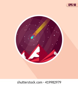 Space landscape: stars, planets, comet, stardust, sun, mountain. Vector flat illustrations and background. Vector flat design illustration of space icon.