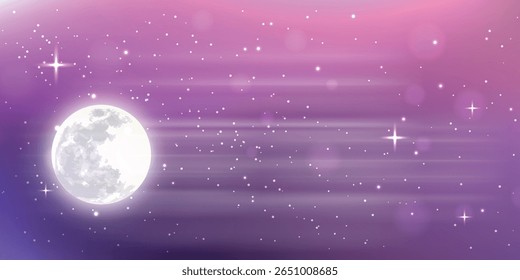paisagem espacial em um design noturno estilizado com lua cheia e estrelas pequenas.

