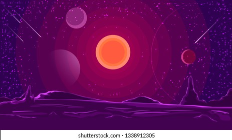 Space landscape with sunset on purple sky, nature on another planet. Vector illustration.