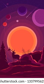 Space landscape with sunset and silhouette of a deer in purple tones, nature on another planet. Vector illustration.