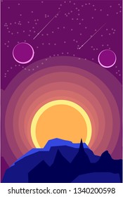 Space landscape with sunset and a starry sky in shades of purple, nature on another planet. 