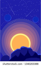 Space landscape with sunset and a starry sky , nature on another planet. Vector illustration. 