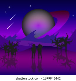 Space landscape. Two astronauts on a distant planet.