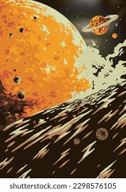 Space landscape vintage poster colorful with meteorites and surface of split sun in endless universe vector illustration