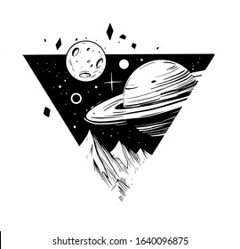 Space landscape.Galaxy scene. Black vector illustration with transparent background. Great for print, tattoo flash