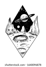 Space landscape.Galaxy scene. Black vector illustration with transparent background. Great for print, tattoo flash