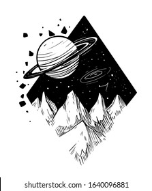 Space landscape.Galaxy scene. Black vector illustration with transparent background. Great for print, tattoo flash