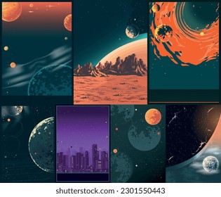 Space landscapes set posters colorful with planets in galaxy or universe and city with starry sky vector illustration