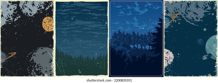 Space landscapes set vintage colorful flyers nature with starry sky over forest and planets of galactic system vector illustration