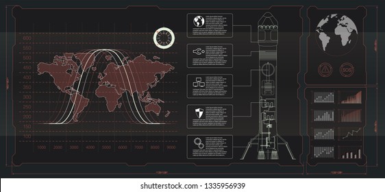 Space launch interface rockets, graphic display control the pallet rocket. Sky-fi HUD. vector.