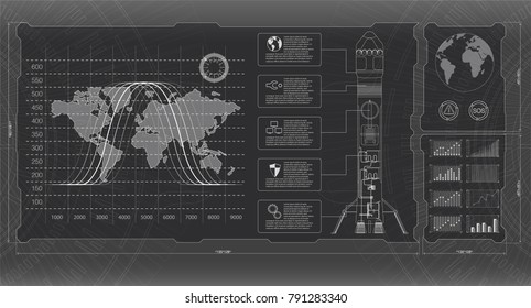 Space launch interface rockets, graphic display control the pallet rocket. Sky-fi HUD. Vector eps10.