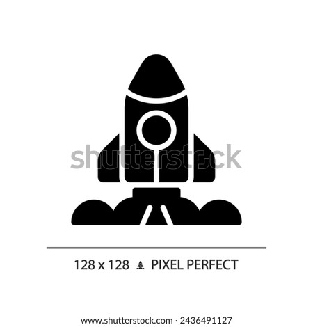 Space launch pixel perfect black glyph icon. Take off. Aerospace tech. Rocket ship. Lift off. Seo marketing. Silhouette symbol on white space. Solid pictogram. Vector isolated illustration