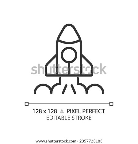 Space launch pixel perfect linear icon. Take off. Aerospace tech. Rocket ship. Lift off. Seo marketing. Thin line illustration. Contour symbol. Vector outline drawing. Editable stroke