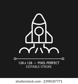 Space launch pixel perfect white linear icon for dark theme. Take off. Aerospace tech. Rocket ship. Lift off. Seo marketing. Thin line illustration. Isolated symbol for night mode. Editable stroke