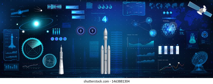 Space Launch rockets dashboard. HUD space elements set (Radars, 3D rockets, Spaceships, Antenna, Satellite and Hologram Solar System) Head Up Display Cockpit dashboard. Sky-fi HUD elements. Vector