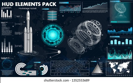 Space launch rockets, instrument panel, grafics, radars, space dish, sensors, 3d spaceship, in the HUD style, Elements pack of the User Futuristic Interface. Template UI for app and virtual reality.