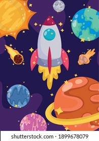 space launch spaceship planets comet moon and sun cartoon vector illustration