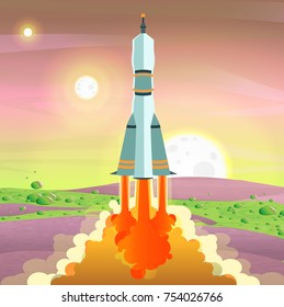A space launch vehicle takes off from the surface of the planet with lilac soil and green acid streams with bubbles. Space travel. Colonization of the planets. Vector landscape.