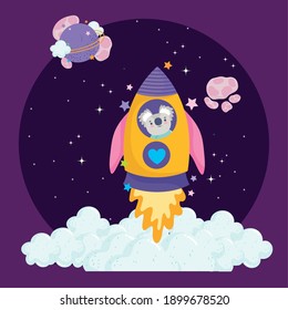 space launching rocket with koala astronaut adventure explore animal cartoon vector illustration