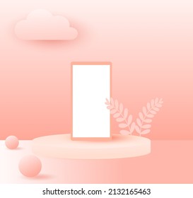 Space for lay down product,pink pastel background with leaves ,podium pink tone