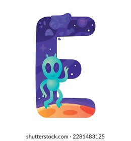 Space Letter E as Font and Alphabet Capital Bold Figure with Alien Vector Illustration