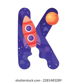 Space Letter K as Font and Alphabet Capital Bold Figure with Rocket Vector Illustration