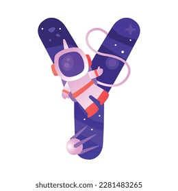 Space Letter Y as Font and Alphabet Capital Bold Figure with Astronaut Vector Illustration