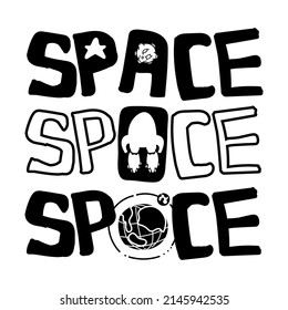 Space lettering, label set. Stylized space lettering with doodle style elements. Typographic design, retro vector illustration