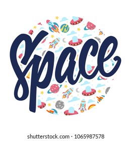 space lettering typography pattern round badge