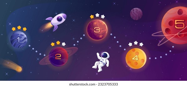 Space level map with astronaut. Design and interface element for game. Planet levels. Imagination and fantasy. Arcade and video games. Rating and ranking. Cartoon flat vector illustration