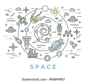 Space line art with big swirl on which satellites and flying objects are moving in the universe vector illustration