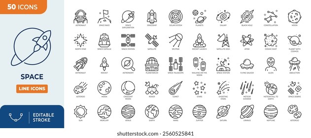 Space line editable icon set. Containing satellite, universe, astronaut, rocket, comet, telescope and planet and more icons. Solid icon collection.