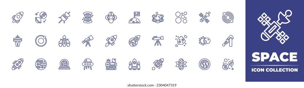 Space line icon collection. Editable stroke. Vector illustration. Containing rocket, planet, space probe, wormhole, moon phase, moon, planets, satellite station, orbit, space needle, spaceship.